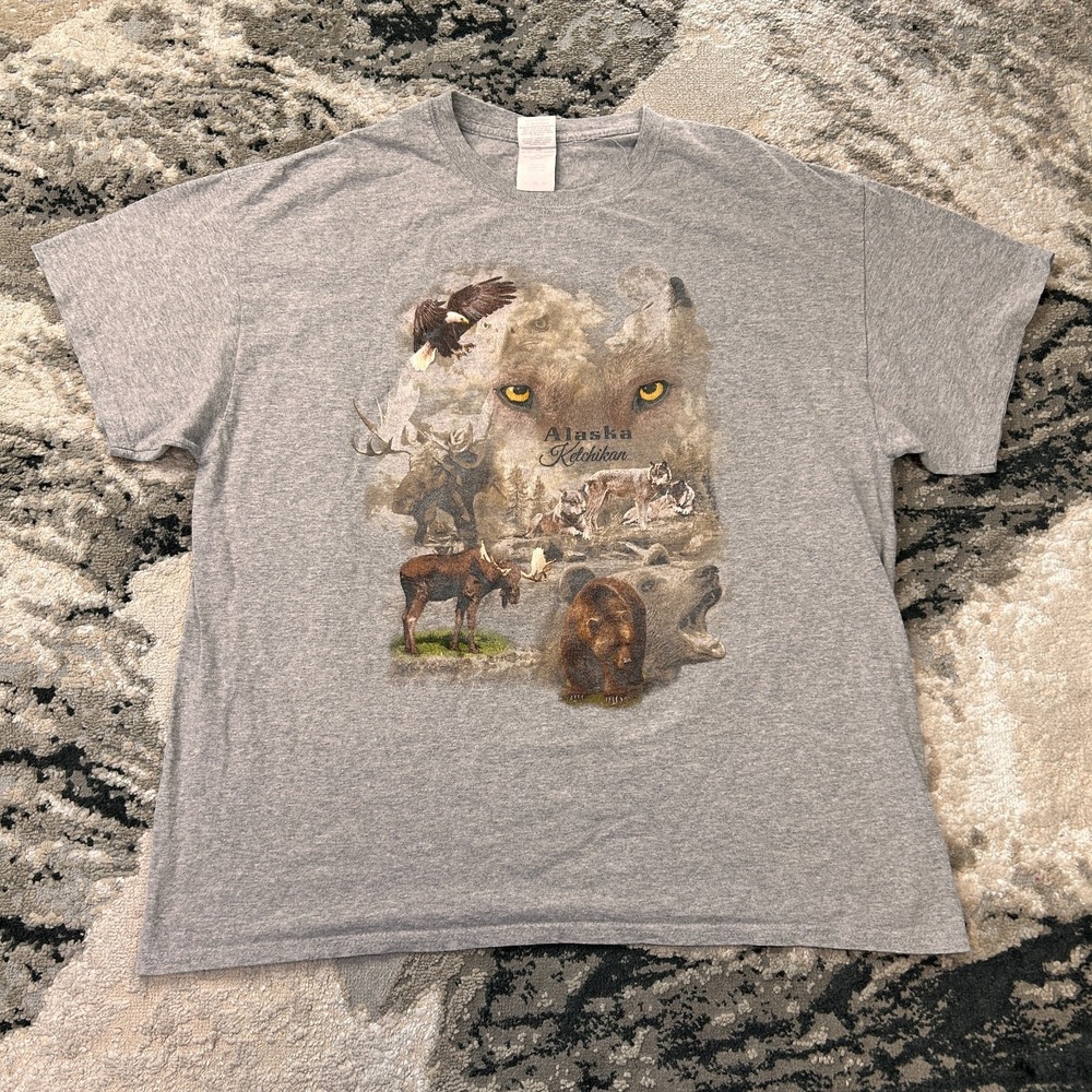 Vintage Y2K‎ Nature T Shirt Mens XL Heathered Gray Alaska Ketchikan Graphic Wolf